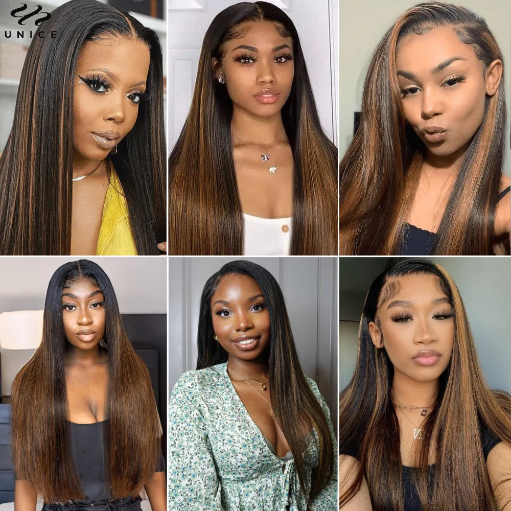 Extensiones de cabello humano liso Unice, color marrón, balayage, 3 unidades, precoloreadas